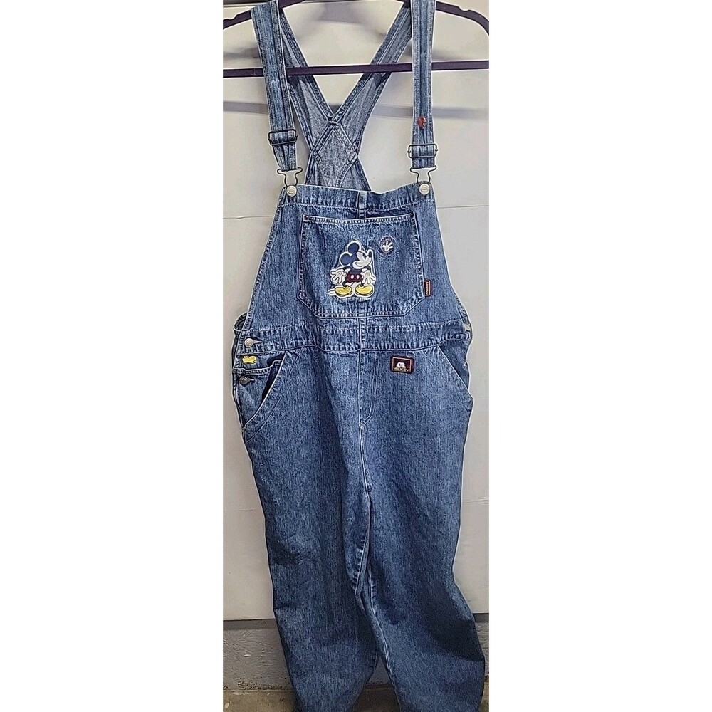 Disney Mickey Mouse Denim Overalls XL‎ Embroidered Front Pocket Adjust Y2K - Picture 2 of 15